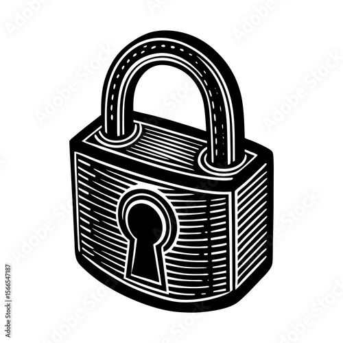 A bold black and white linocut style illustration of a classic padlock with a keyhole and shackle on a white background