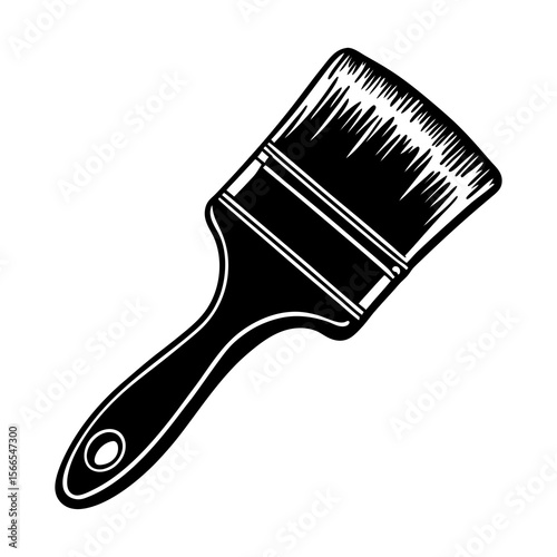 A black and white illustration of a classic paint brush with a wooden handle and bristles ready for painting projects