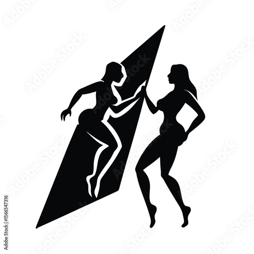 Two women silhouettes reaching for each other on white