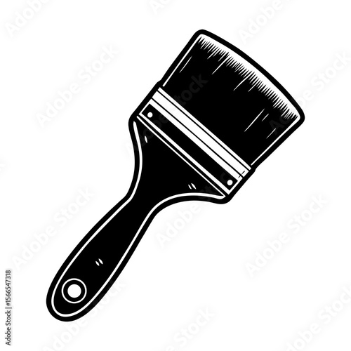 A classic black and white illustration of a paintbrush with a thick handle and bristles isolated on a white background