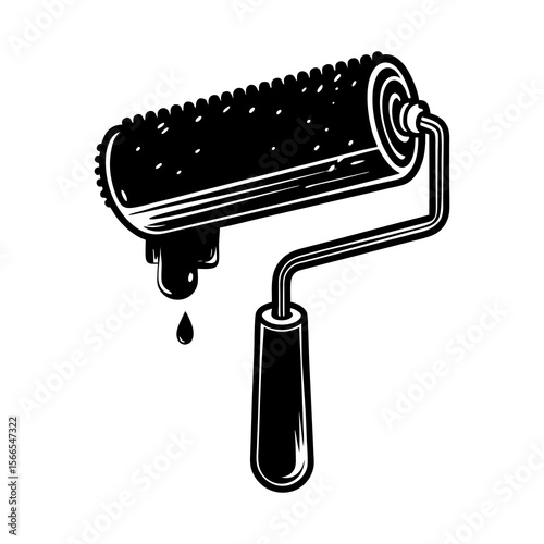 A black and white illustration of a paint roller with black paint dripping from the roller onto a white background