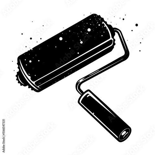 Black and white illustration of a paint roller with splattered paint droplets creating a dynamic artistic effect
