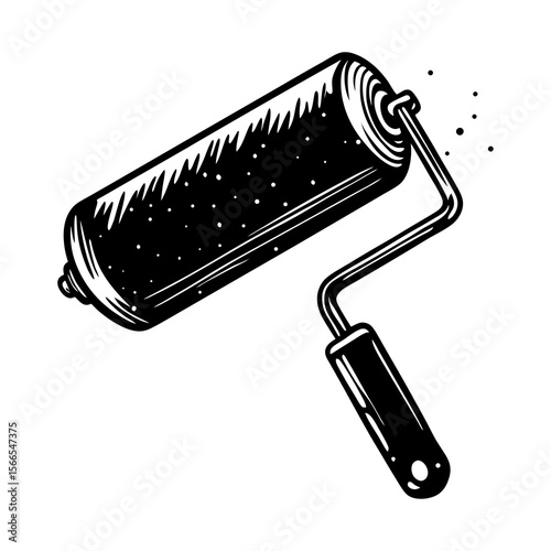 Vintage black and white illustration of a paint roller with splatters of paint isolated on a white background