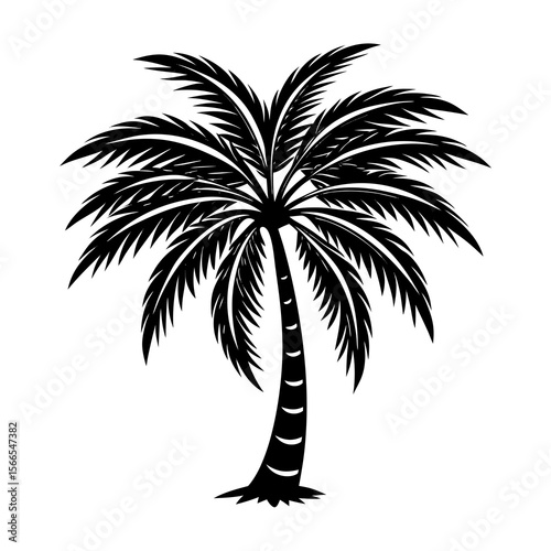 A striking black silhouette of a tropical palm tree with lush green fronds against a clean white background