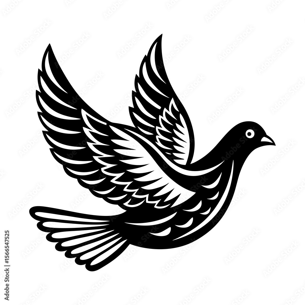 Fototapeta premium Stylized black silhouette of a dove in mid flight with wings spread wide against a white background