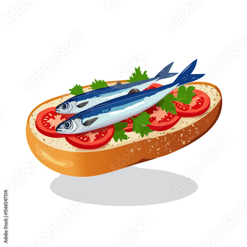 Sardine and Tomato Open Sandwich on Bread Slice - Vector Illustration
