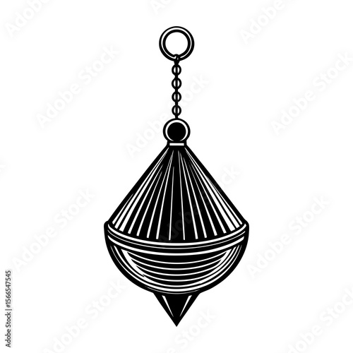 Stylized black and white illustration of a plumb bob hanging from a chain and ring