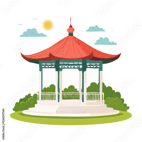 Stylized Gazebo in a Park Setting with Clouds and Sunlight, Vector Illustration