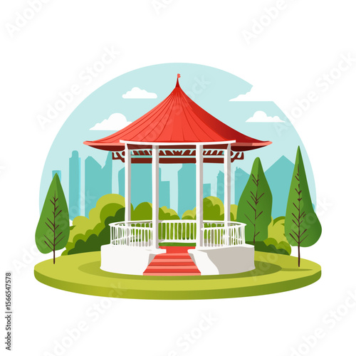 Illustration of a serene garden gazebo with red roof and surrounding greenery.