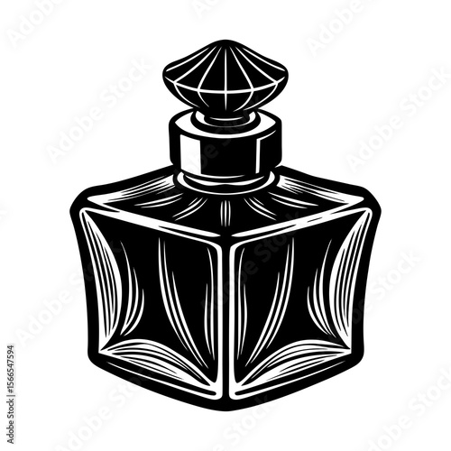 Elegant black and white illustration of a vintage perfume bottle with a faceted geometric stopper on a white background
