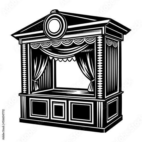 Classic black and white illustration of a vintage puppet theater stage with ornate curtains and decorative architectural elements