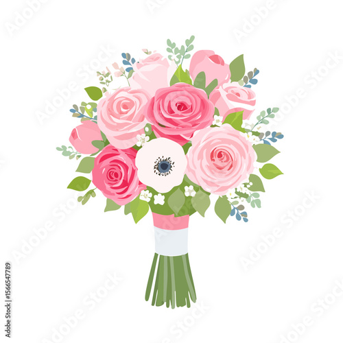 Pink Rose and Anemone Wedding Bouquet Illustration