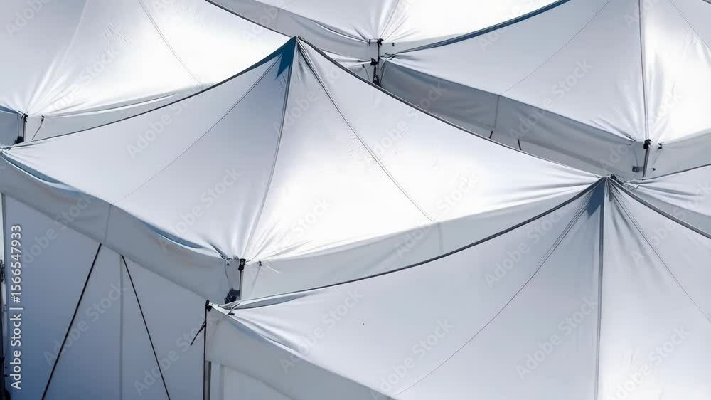 Areal perspective of repetitive white tents, peaks and canopies forming geometric patterns, creating a clean architectural composition with bright sunlight.