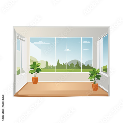 Bright, minimalist living room with large windows and indoor plants
