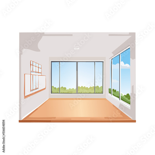 Empty Room with Large Windows and a Board for Announcements