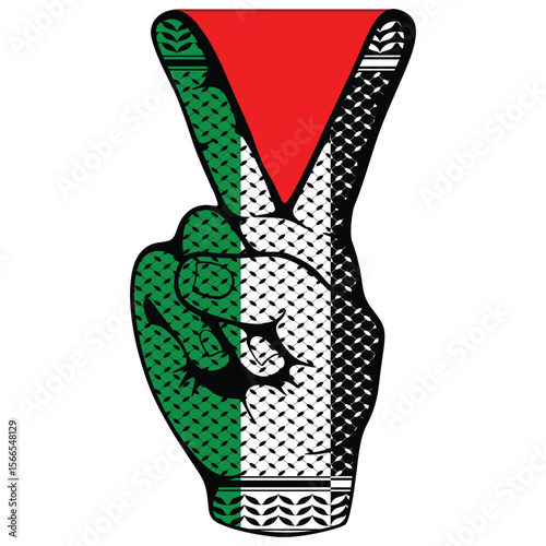 Victory Sign Hand Palestinian Resistance Symbol and Keffiyeh Pattern isolated on white
