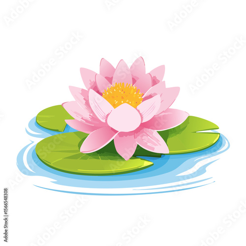 Beautiful Pink Water Lily on Lily Pads in Pond