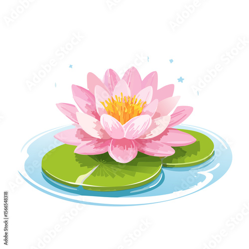 Pink Lotus Flower on Lily Pads in Blue Water Illustration