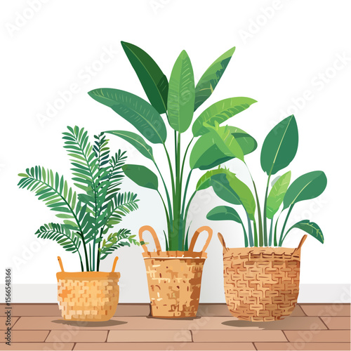 Three potted plants in wicker baskets with a modern aesthetic