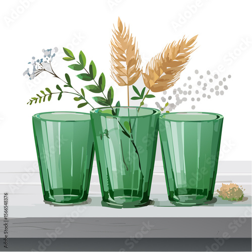 Green Glass Vases with Floral and Wheat Arrangements on a Table