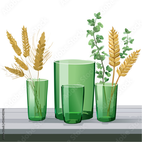 Green Glassware with Wheat and Eucalyptus Still Life Composition