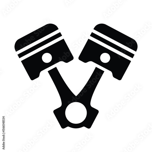 A minimalist black and white icon design of two automotive pistons connected by a connecting rod