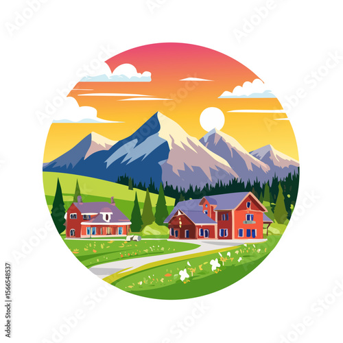 Wallpaper Mural Mountain Landscape with Houses and Sunset Torontodigital.ca