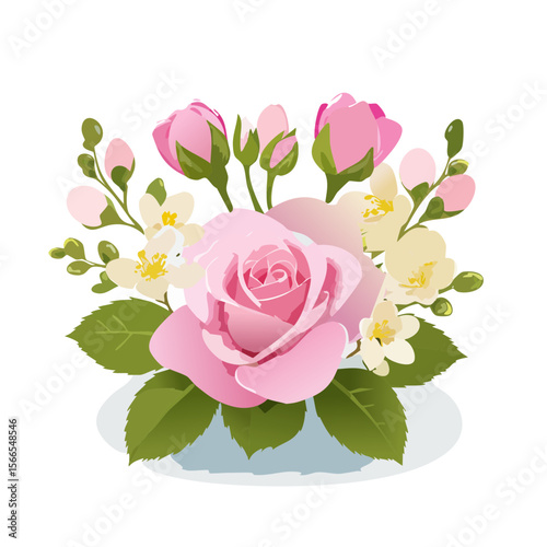 Pink Rose and White Jasmine Flower Bouquet Illustration