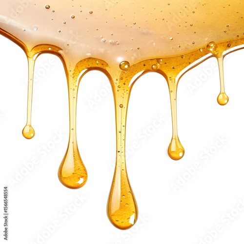 Golden Viscous Honey Dripping on White Background, Sweet Liquid Texture