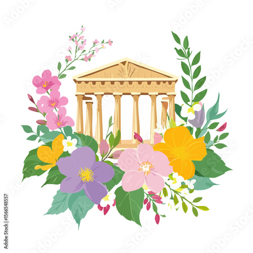 Floral Parthenon Illustration: A Blend of Ancient Architecture and Natural Beauty