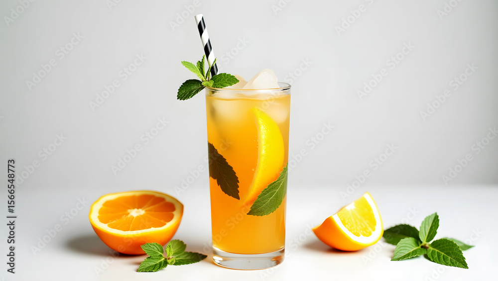 Fototapeta premium Refreshing orange cocktail with mint ice and slice of orange for summer drinks