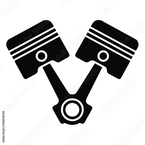 A minimalist black and white icon design of two automotive pistons connected by a connecting rod