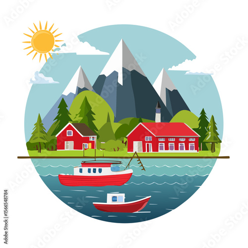 Tranquil Fjord Landscape with Red Houses and Boats
