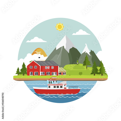 Scandinavian Landscape with Boat and Mountains SVG Image