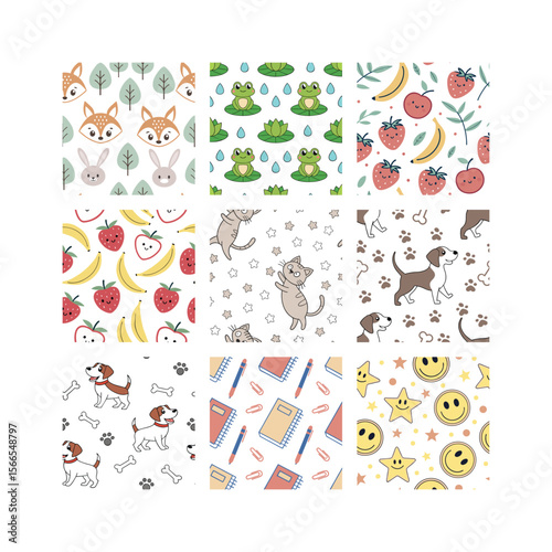 Collection of nine cute seamless patterns with animals food and school supplies