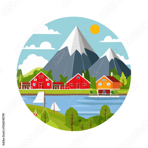 Cartoon Norway Landscape with Fjord, Mountains, and Colorful Houses