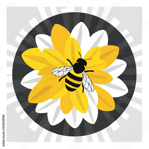 Stylized Bee on a Blooming Flower in Circular Frame