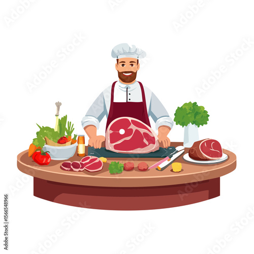 Butcher preparing cuts of meat at a butcher block table full of ingredients.