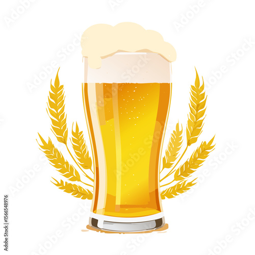 Illustration of a refreshing glass of wheat beer with a frothy head and barley decorations