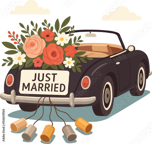 Vintage Just Married Wedding Car Illustration Floral Decor with Tin Cans Vector 