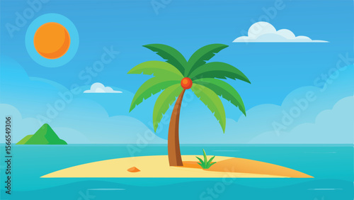 Tropical Island Landscape Illustration with Palm Tree and Ocean