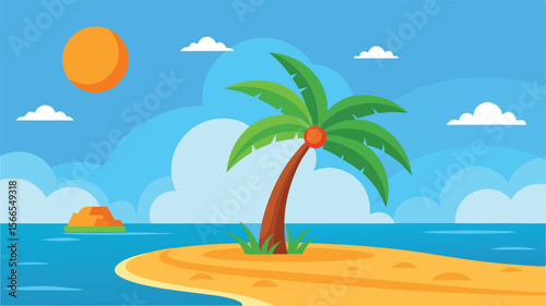 Tropical Island Landscape Illustration with Palm Tree and Ocean