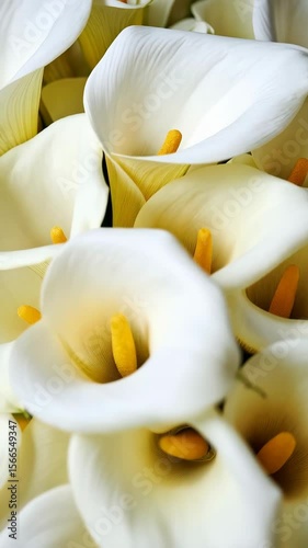 Close-up view of multiple white calla lily flowers in full bloom, showcasing elegant petals and vibrant yellow pistils, floral arrangement, soft light, natural elegance