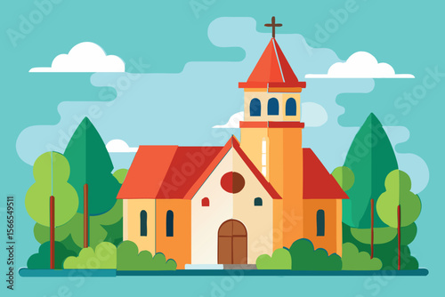 Charming Flat Design Church Illustration with Cross and Trees
