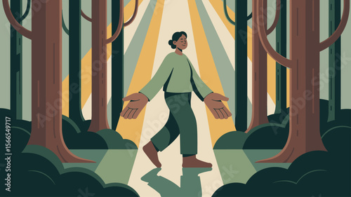 woman walking through a sunlit forest path, vector illustration for forest bathing, nature immersion and mental wellness