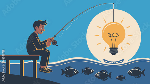 innovator fishing for a big idea with a lightbulb as bait, vector illustration for creative brainstorming, problem solving and insight discovery