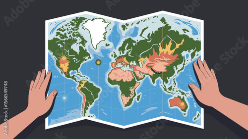 hands holding a world map showing global hotspots, vector illustration for geospatial analytics, climate change risk and location intelligence