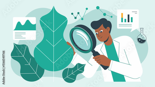scientist with magnifying glass examining leaf and data charts, vector illustration for environmental science, ecological research and botanical analysis