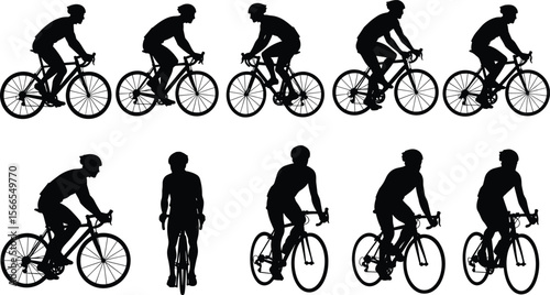 Dynamic collection of cyclist silhouettes, depicting men and women riding bicycles in various racing and recreational poses, ideal for active lifestyle and fitness designs.