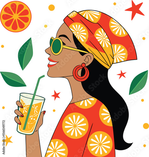 Stylish woman wearing a headscarf and sunglasses enjoys a refreshing orange juice with citrus slices and leaves isolated on transparent background